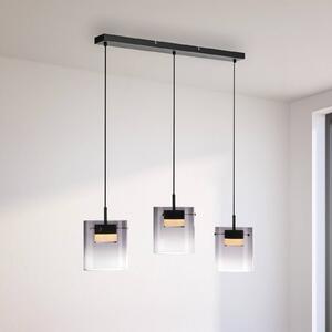 JUST LIGHT. LED závesné svietidlo Elio, dymové sklo, 3-pl, čierne, Hliník / sivá / zinok, Obývacia izba / jedáleň, Sklo, Moderný, Závesné svietidlo