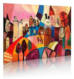 Ručne maľovaný obraz - Dedina vo farbách jesene 90x60