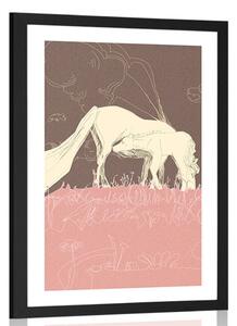 Plagát s paspartou kôň na ružovej lúke - 20x30 white