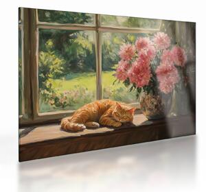 Sklenený obraz - Mačka na okne (70x50 cm)
