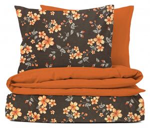 Ervi bavlnené obliečky DUO - oranžové kvety na hnedom/oranžové