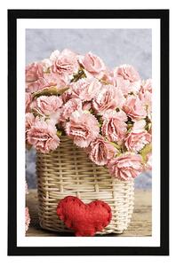 Plagát s paspartou kytička ružových karafiátov v košíku - 20x30 silver