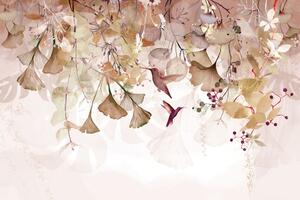 Tapeta listy s kolibríkmi v hnedo-ružovom