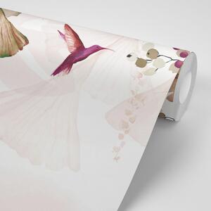 Tapeta listy s kolibríkmi v hnedo-ružovom