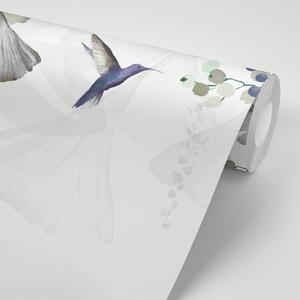 Samolepiaca tapeta listy s kolibríkmi v šedo-zelenom