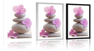 Plagát s paspartou balans kameňov a ružové orientálne kvety - 20x30 silver