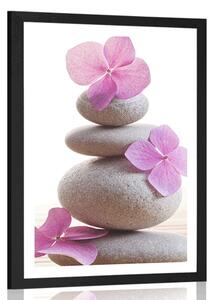 Plagát s paspartou balans kameňov a ružové orientálne kvety - 20x30 silver