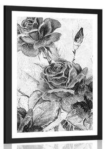 Plagát s paspartou vintage kytica ruží v čiernobielom prevedení
