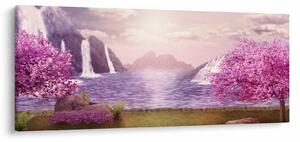 Obraz ružových stromov s jazerom (120x50 cm)