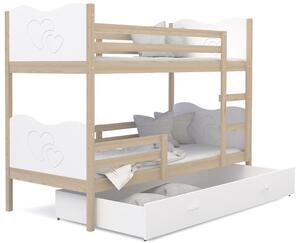 Detská poschodová posteľ so zásuvkou MAX R - 200x90 cm - biela / borovica - srdiečka