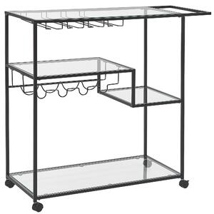 Kuchynský vozík čierny kovový rám doska z tvrdeného skla 86 x 40 cm na kolieskach držiak na fľaše industriálny dizajn