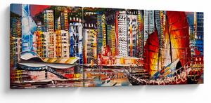Obrázok - Victoria Harbor, Hong Kong, olejomaľba (s hodinami) (90x30 cm)