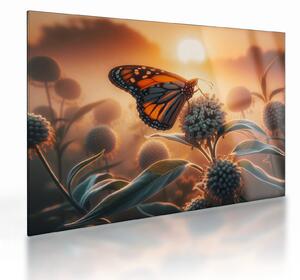 Sklenený obraz – Motýľ v zapadajúcom slnku (70x50 cm)