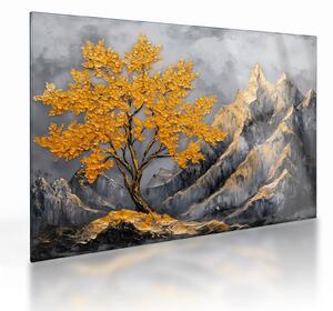Sklenený obraz – Zlatý strom v horách (70x50 cm)