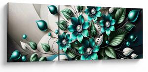 Obraz - 3D tyrkysové kvety (s hodinami) (90x30 cm)
