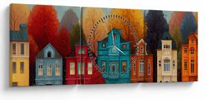 Obraz - Maľované jesenné mesto (s hodinami) (90x30 cm)