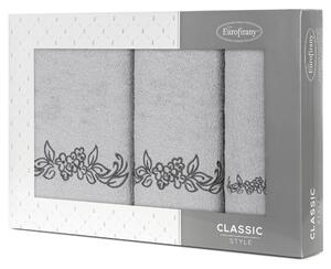 Eurofirany Darčeková súprava CLAVIA , 3 ks uterákov s výšivkou kvetov, sivé Bavlna UNI