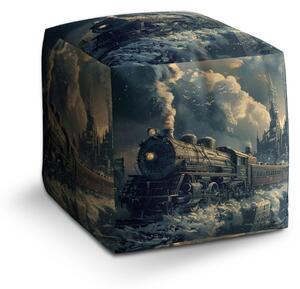 Sablio Taburet Cube Parná lokomotíva v zasneženom meste - 40x40x40 cm