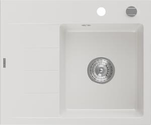 Mexen Ben Granitový kuchynský drez 1-komorový s odkvapkávačom, pravý 600 x 500 mm, biely, chrómový sifón
