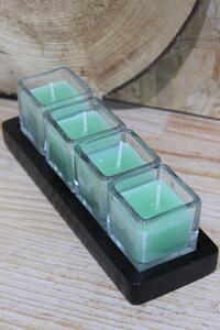 Zelené sviečky v skle na drevenej tácke 20cm