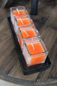 Oranžové sviečky v skle na drevenej tácke 20cm