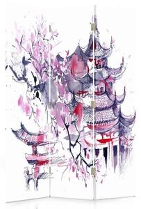 Paraván Japonská pagoda a čerešňový kvet Rozmery: 110 x 170 cm, Prevedenie: Klasický paraván
