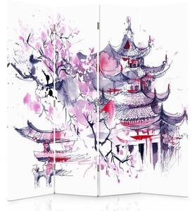 Paraván Japonská pagoda a čerešňový kvet Rozmery: 145 x 170 cm, Prevedenie: Klasický paraván