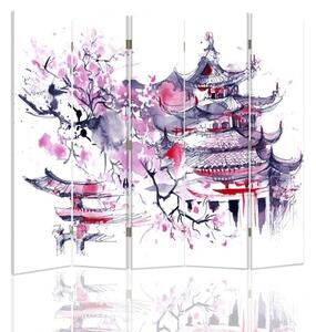 Paraván Japonská pagoda a čerešňový kvet Rozmery: 180 x 170 cm, Prevedenie: Klasický paraván