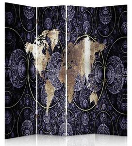 Ozdobný paraván, Elegantní mapa světa - 145x170 cm, štvordielny, klasický paraván