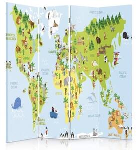 Ozdobný paraván, Mapa světa pro děti - 145x170 cm, štvordielny, klasický paraván