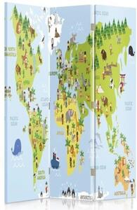 Ozdobný paraván, Mapa světa pro děti - 110x170 cm, trojdielny, klasický paraván