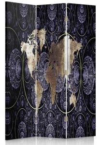Ozdobný paraván, Elegantní mapa světa - 110x170 cm, trojdielny, klasický paraván