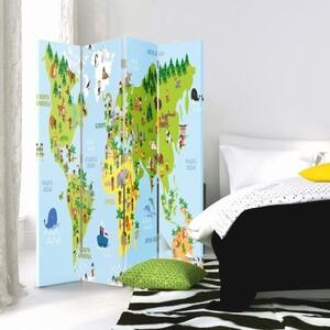 Ozdobný paraván, Mapa světa pro děti - 145x170 cm, štvordielny, klasický paraván