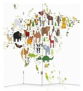 Ozdobný paraván, Mapa světa se zvířaty - 145x170 cm, štvordielny, klasický paraván