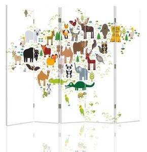 Ozdobný paraván, Mapa světa se zvířaty - 180x170 cm, päťdielny, klasický paraván