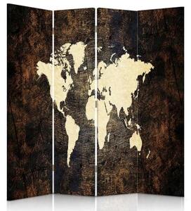Ozdobný paraván, Mapa světa na tmavých deskách - 145x170 cm, štvordielny, klasický paraván