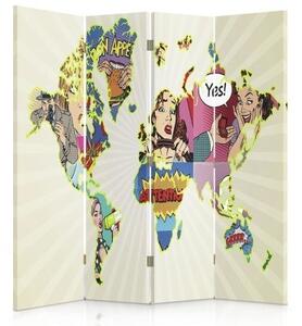 Ozdobný paraván Mapa světa pop-artu - 145x170 cm, štvordielny, klasický paraván