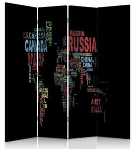 Ozdobný paraván Názvy zemí na mapě světa - 145x170 cm, štvordielny, klasický paraván