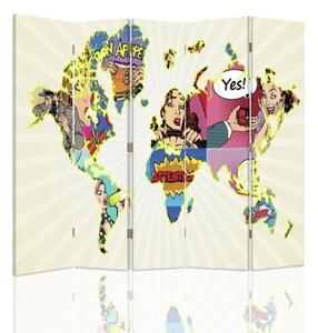 Ozdobný paraván Mapa světa pop-artu - 180x170 cm, päťdielny, klasický paraván