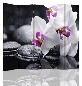 Ozdobný paraván Zenové orchidejové kameny - 180x170 cm, päťdielny, klasický paraván