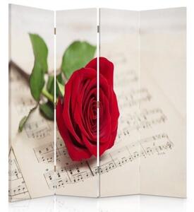 Ozdobný paraván Červená růže květ hudby - 145x170 cm, štvordielny, klasický paraván
