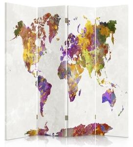 Ozdobný paraván Mapa světa - 145x170 cm, štvordielny, klasický paraván