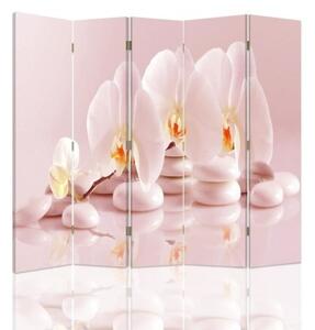 Ozdobný paraván Orchidejové květinové zenové lázně - 180x170 cm, päťdielny, klasický paraván