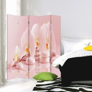 Ozdobný paraván Orchidejové květinové zenové lázně - 180x170 cm, päťdielny, klasický paraván