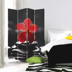 Ozdobný paraván Červený zenový květ - 145x170 cm, štvordielny, klasický paraván
