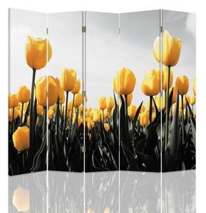 Ozdobný paraván Žluté tulipány Květiny - 180x170 cm, päťdielny, klasický paraván