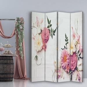 Ozdobný paraván Růžové vintage květiny - 145x170 cm, štvordielny, klasický paraván