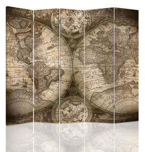 Ozdobný paraván, Starožitná mapa světa - 180x170 cm, päťdielny, klasický paraván