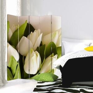 Ozdobný paraván Bílé květy tulipánů - 180x170 cm, päťdielny, klasický paraván