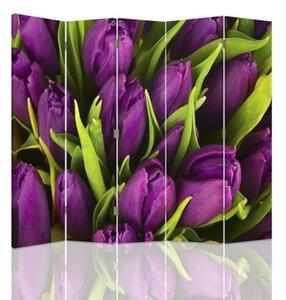 Ozdobný paraván Fialové tulipány - 180x170 cm, päťdielny, klasický paraván